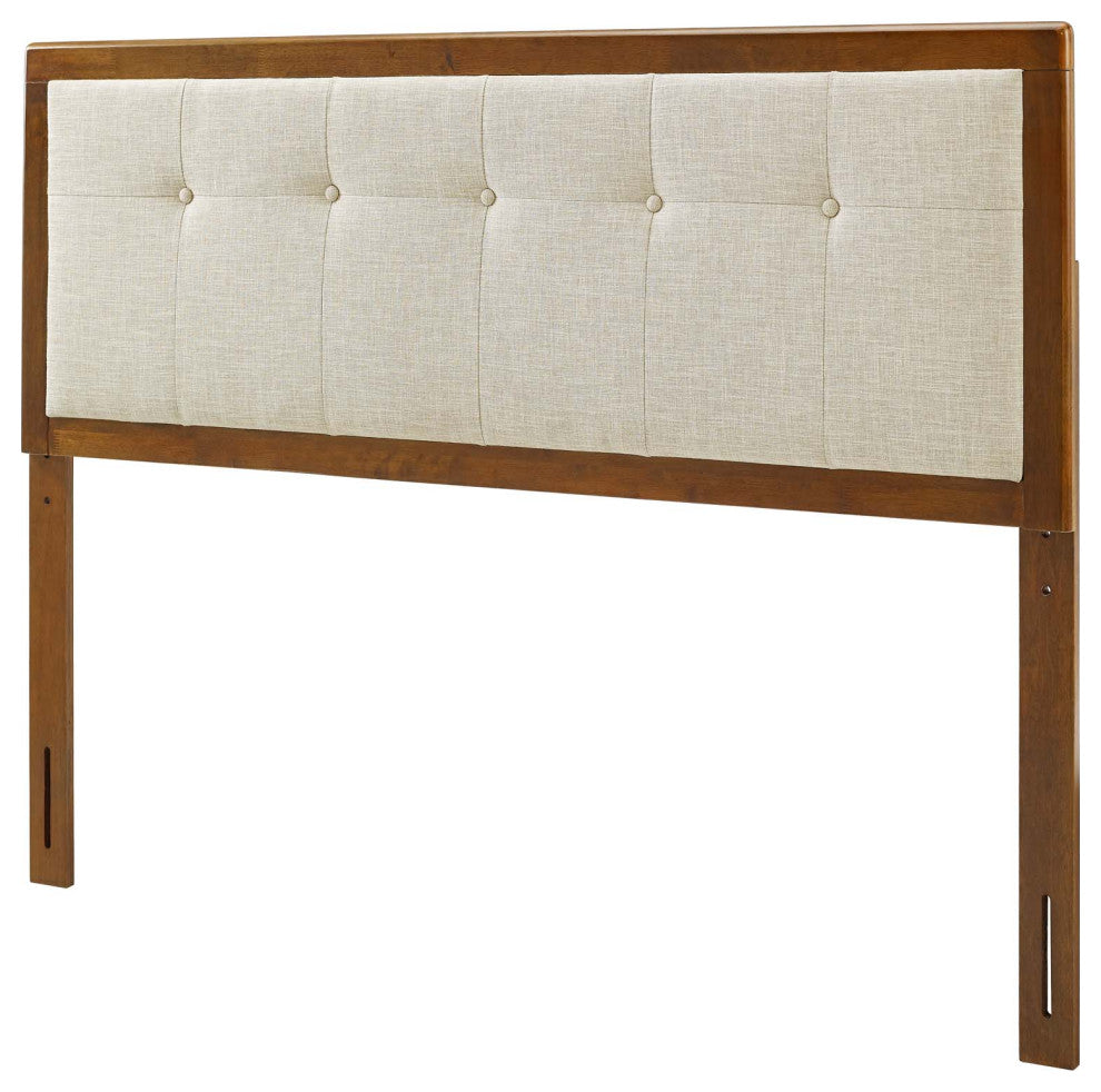 Tufted Headboard, Full Size, Wood, Fabric, Brown Walnut Beige, Modern