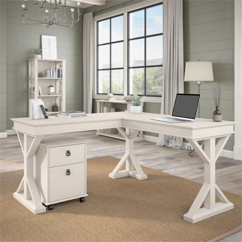 Bowery Hill 60W Farmhouse L Shaped Desk in Linen White Oak - Engineered Wood