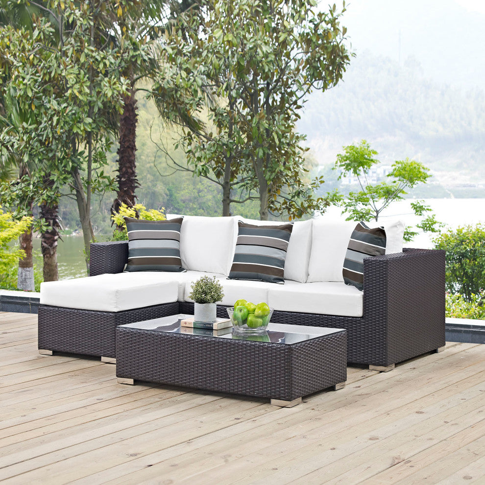 Lounge Sectional Sofa and Table Set, Rattan, Wicker, Dark Brown White, Outdoor