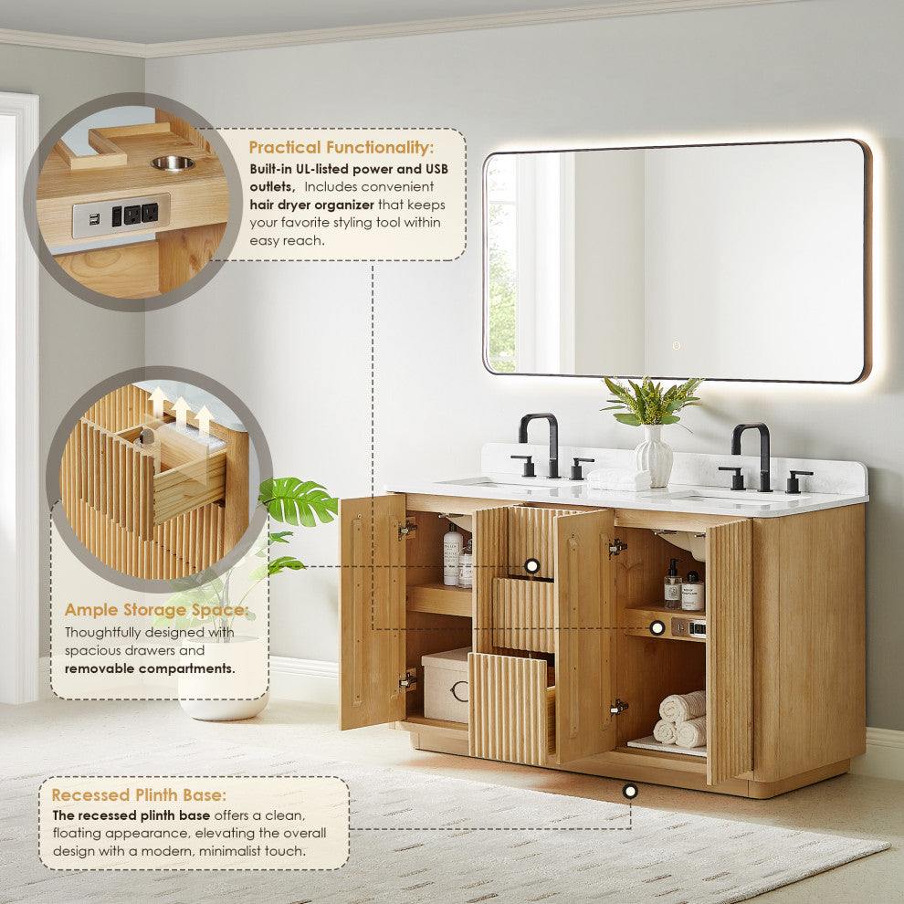 Clayton Bathroom Vanity, Washed Light Brown, 60", No Mirror