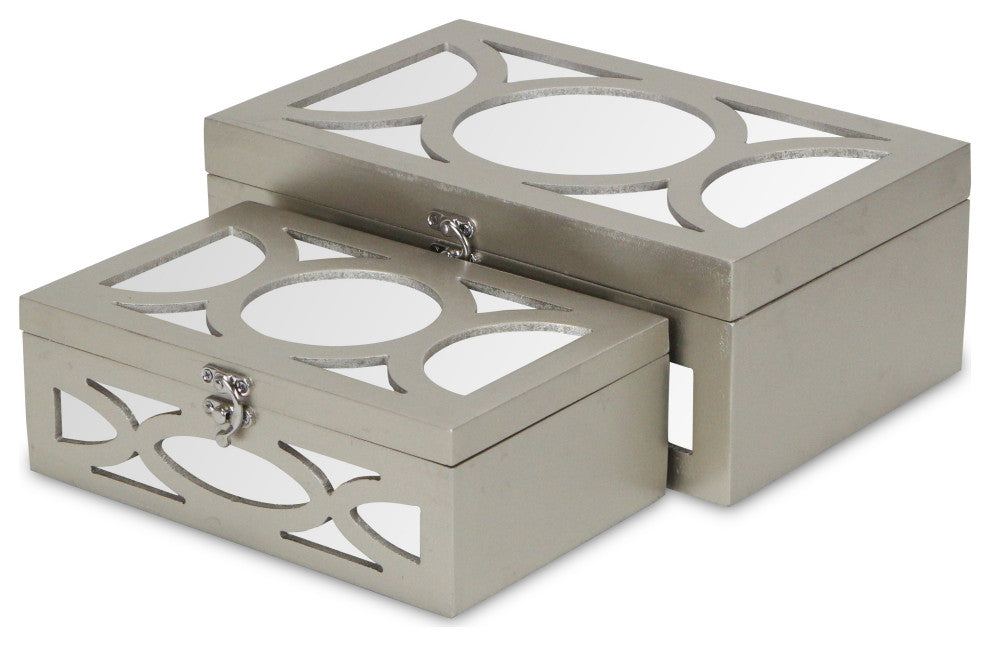 Set of Two Tan Oval Scroll Mirror Jewelry Storage Boxes