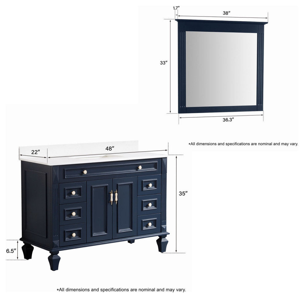48 Inch Bathroom Vanity Set with 38 Inch Mirror, Quartz Top, cUPC Certified Sink, Navy Blue