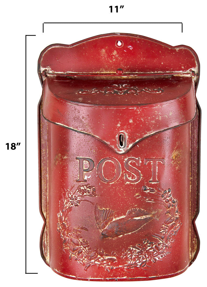 Embossed Tin Post Box, Distressed Finish, Red