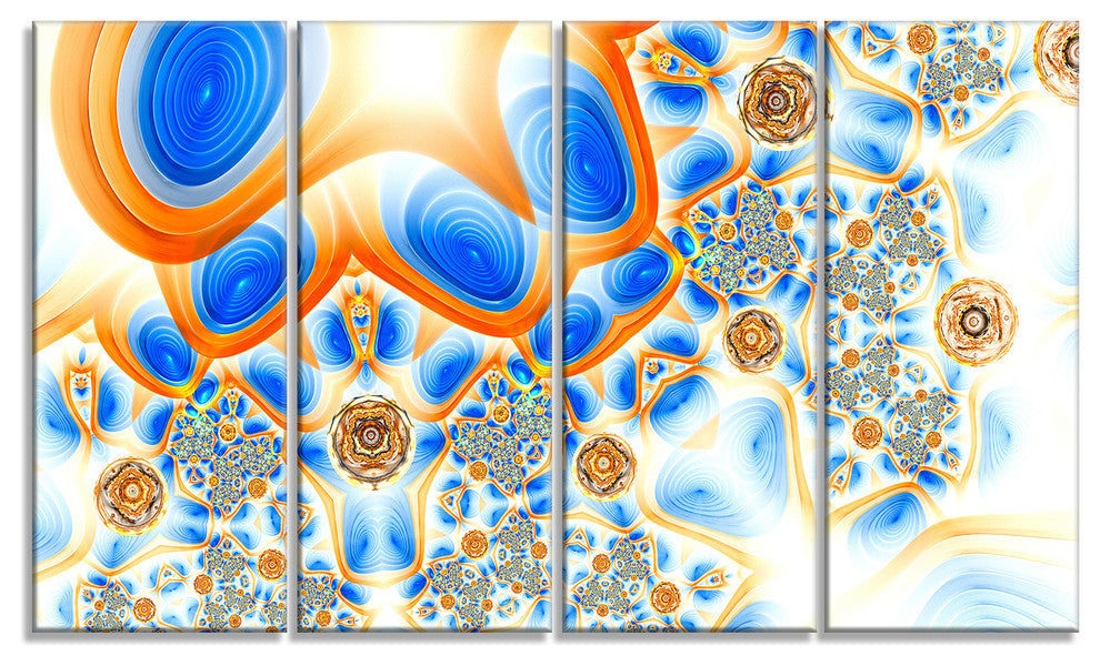Yellow Blue Exotic Pattern, Abstract Wall Art Canvas, 48"x28", 4 Panels