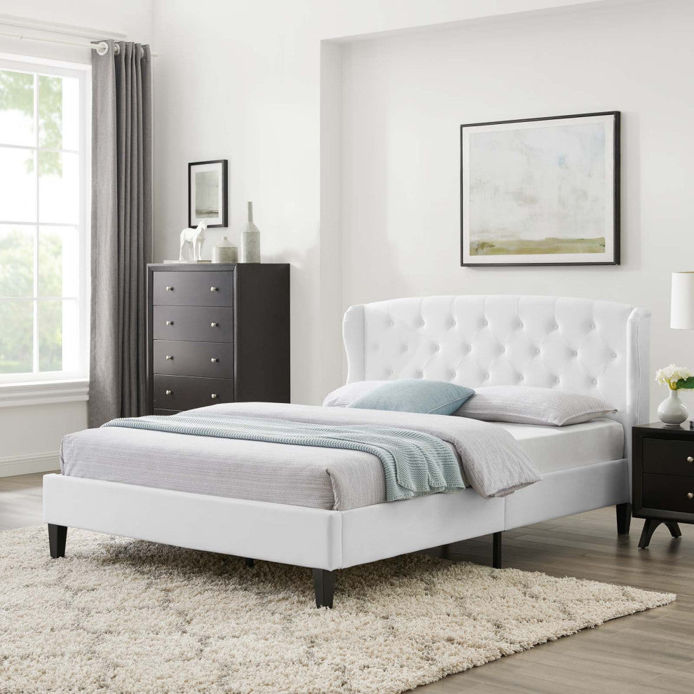 Tufted Platform Bed Frame, Queen Size, Velvet, White, Modern Contemporary