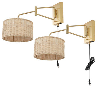 Safavieh Bramley Wall Sconce Set of 2 With USB Port Brass/Natural Rattan