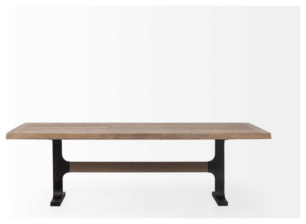 96" Natural And Black Solid Wood And Metal Trestle Base Dining Table
