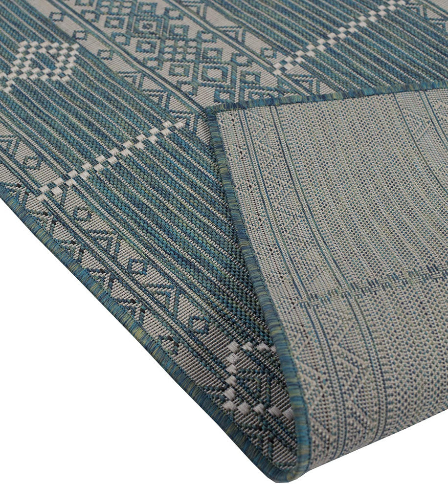 Outdoor Collection Geometric Pattern Bohemian Rug, Ocean, 5'3"x7'6"
