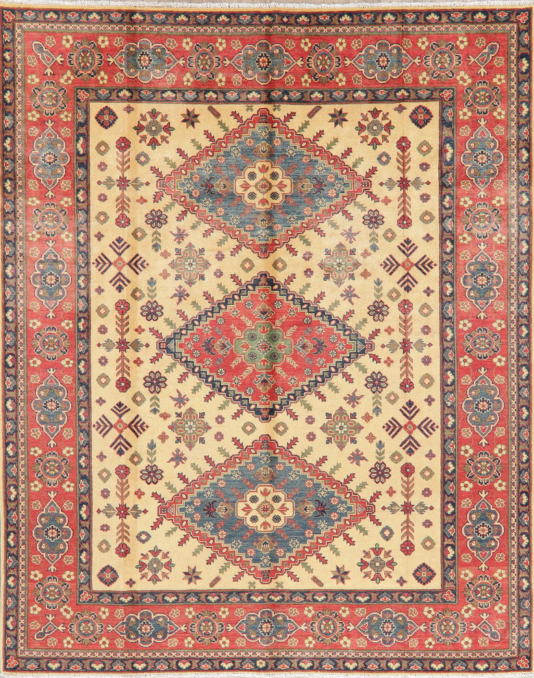 Pakistani Hand-Knotted Oriental Kazak Traditional Area Rug, Beige, 10'4"X8'0"