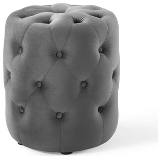 Amour Tufted Button Round Performance Velvet Ottoman-Gray