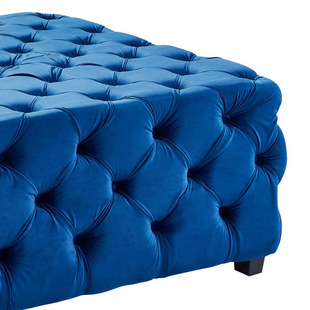Taurus Contemporary Ottoman In Blue Velvet, Wood Legs