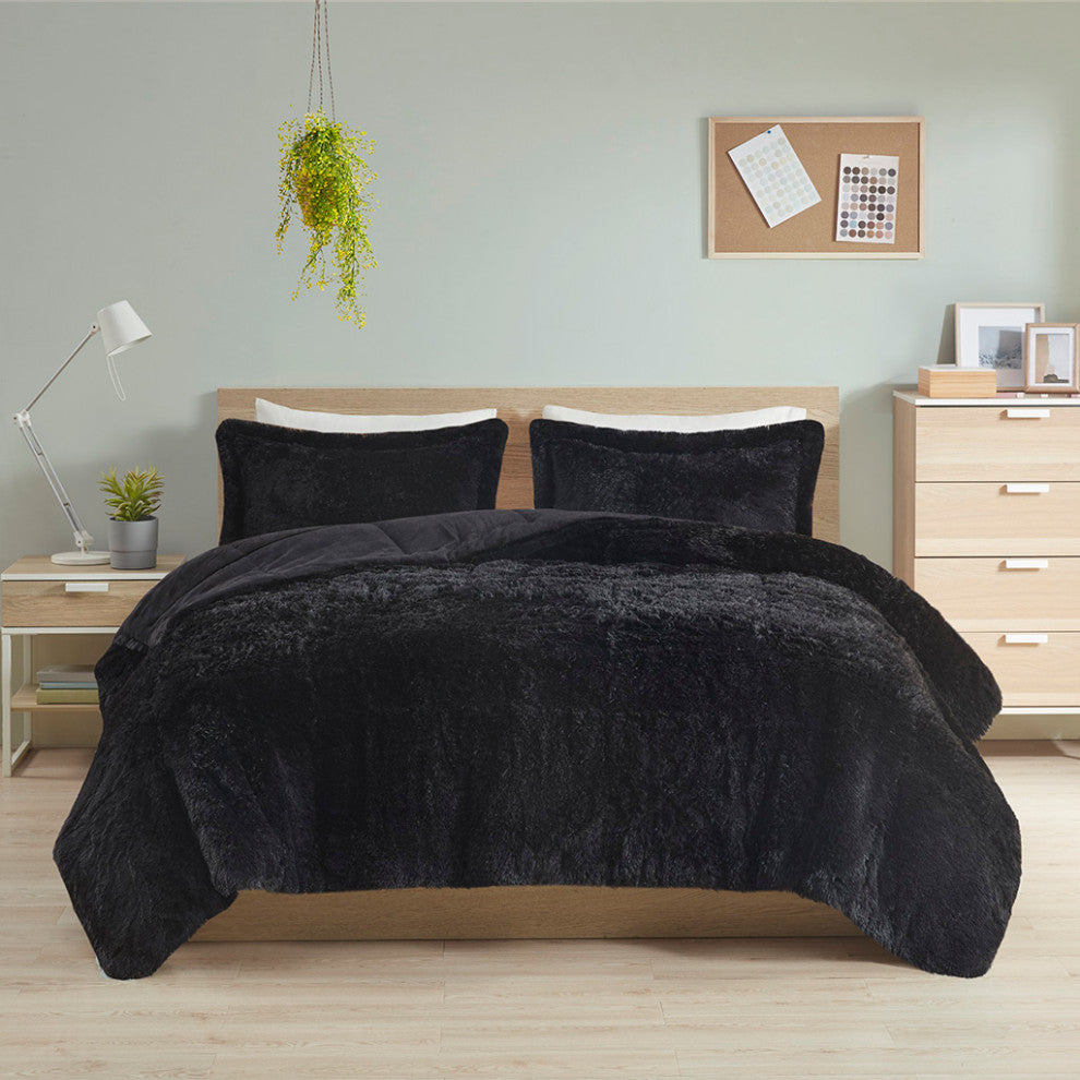Intelligent Design Malea Shaggy Long Fur Comforter Mini Set, Black