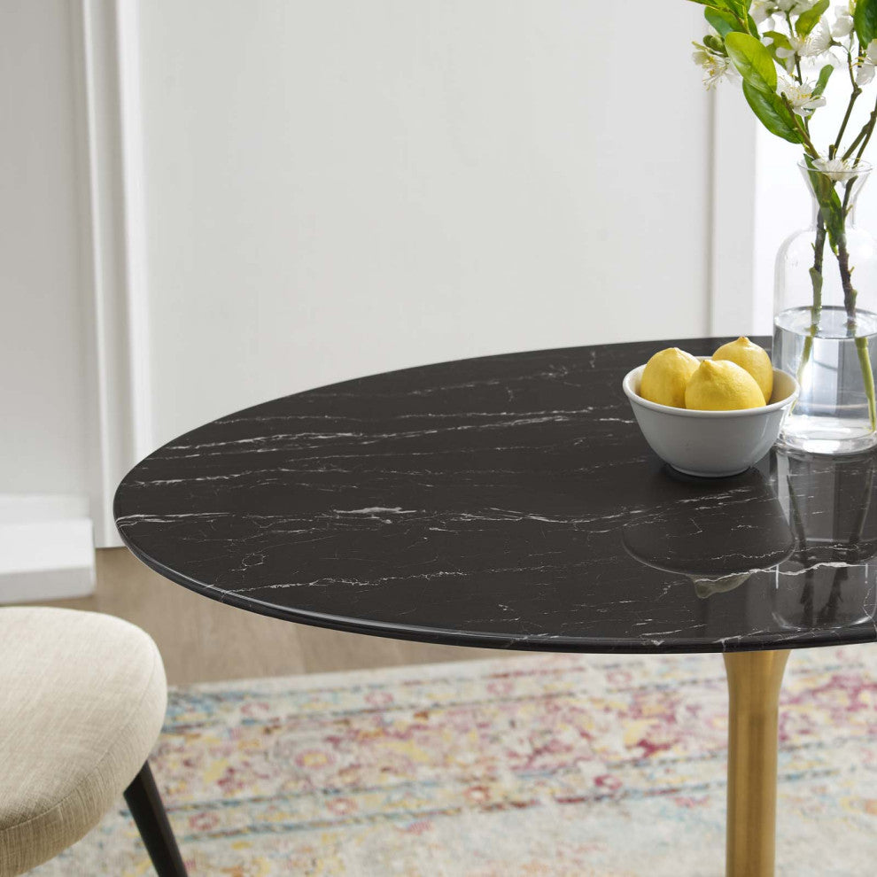 Dining Table, Oval, Artificial Marble, Metal, Gold Black, Cafe Bistro Restaurant