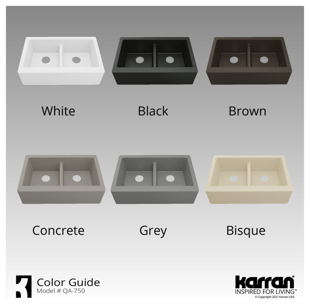 Karran Farmhouse Apron Front Quartz 34" Double Bowl Sink Kit, Black