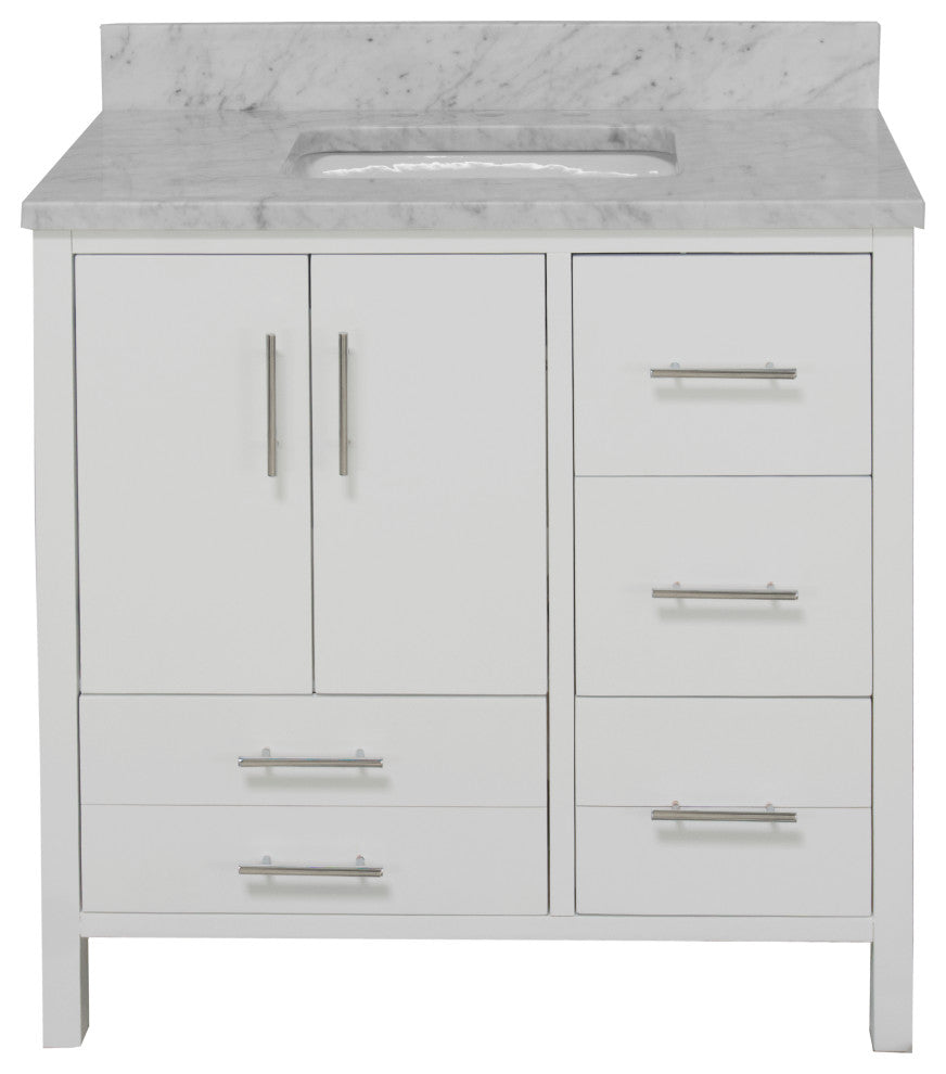 California 36" Bathroom Vanity, White, Carrara Marble