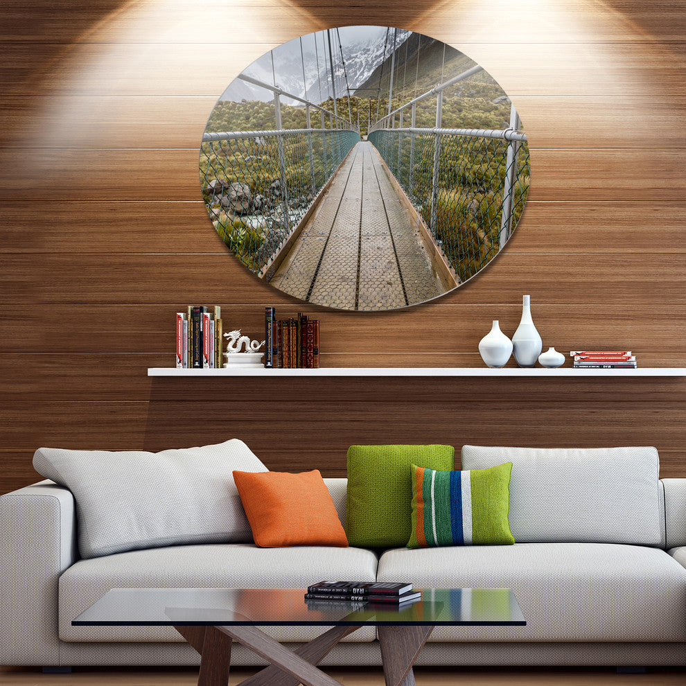 Bridge Over Hooker River In Aoraki, Bridge Round Metal Wall Art, 11"