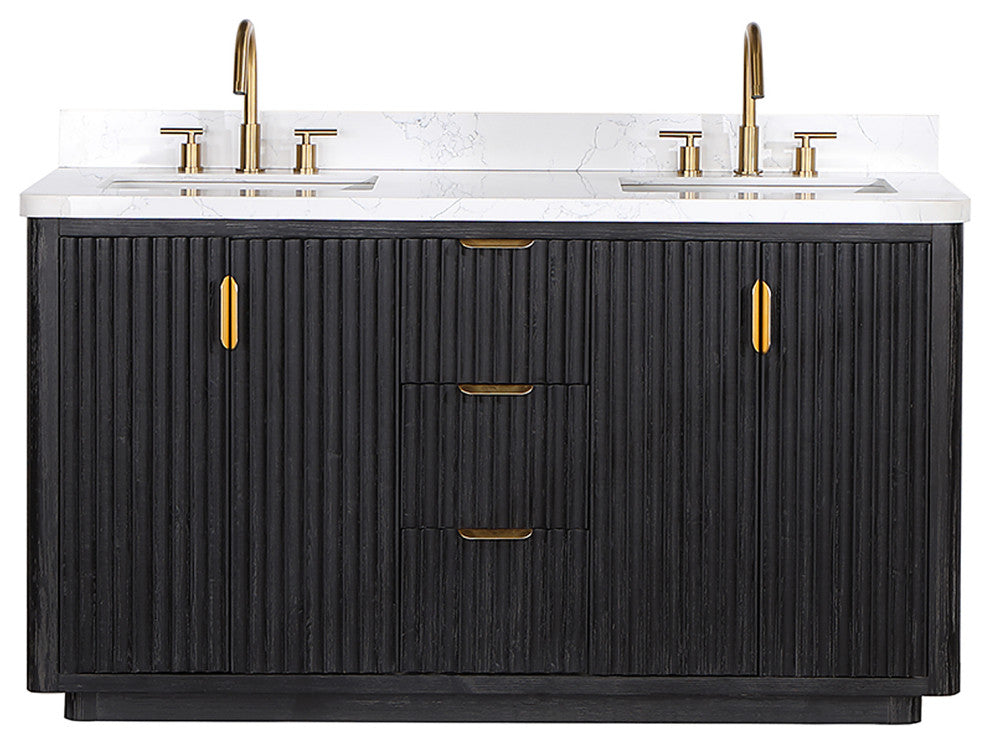 Vinnova Cadiz Bath Vanity, Composite Stone Top, Black, 60", No Mirror