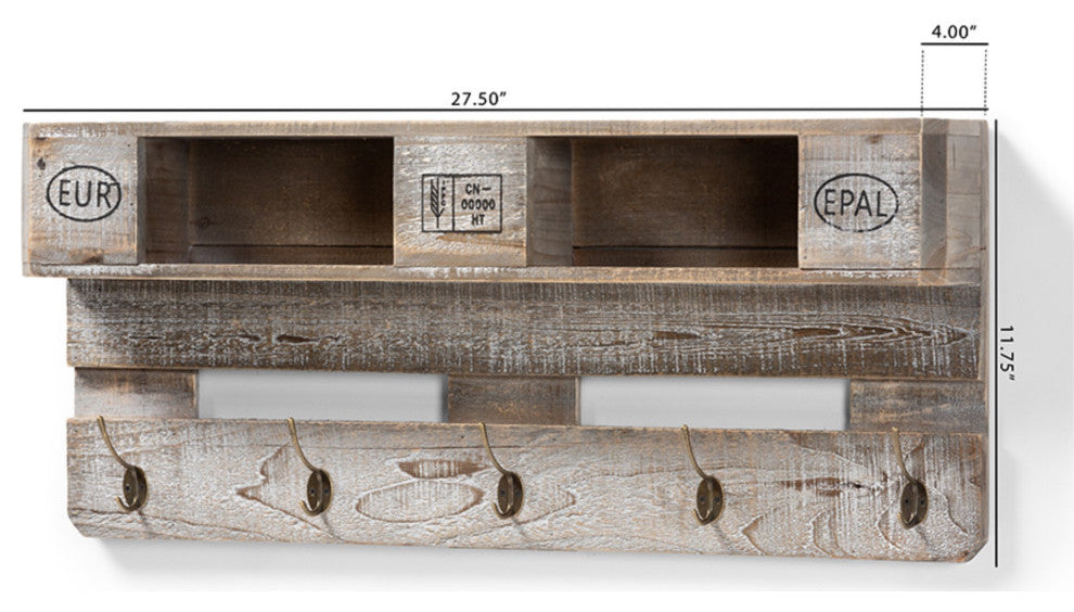 Ferguson Whitewashed Gray Oak Finished Wood Wall Mounted Coat Rack With Shelves