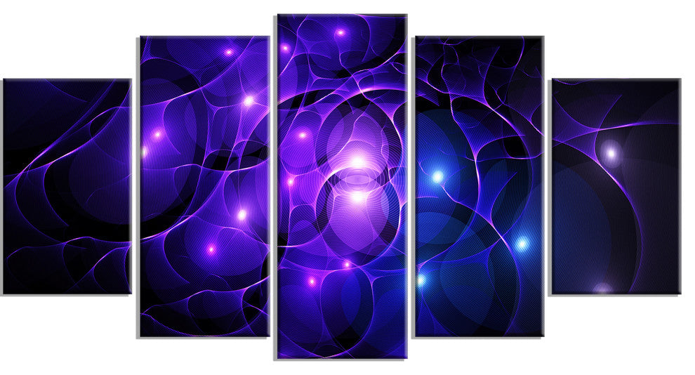 Blue Fractal Space Circles, Contemporary Canvas Art Print, 60"x32", 5 Panels