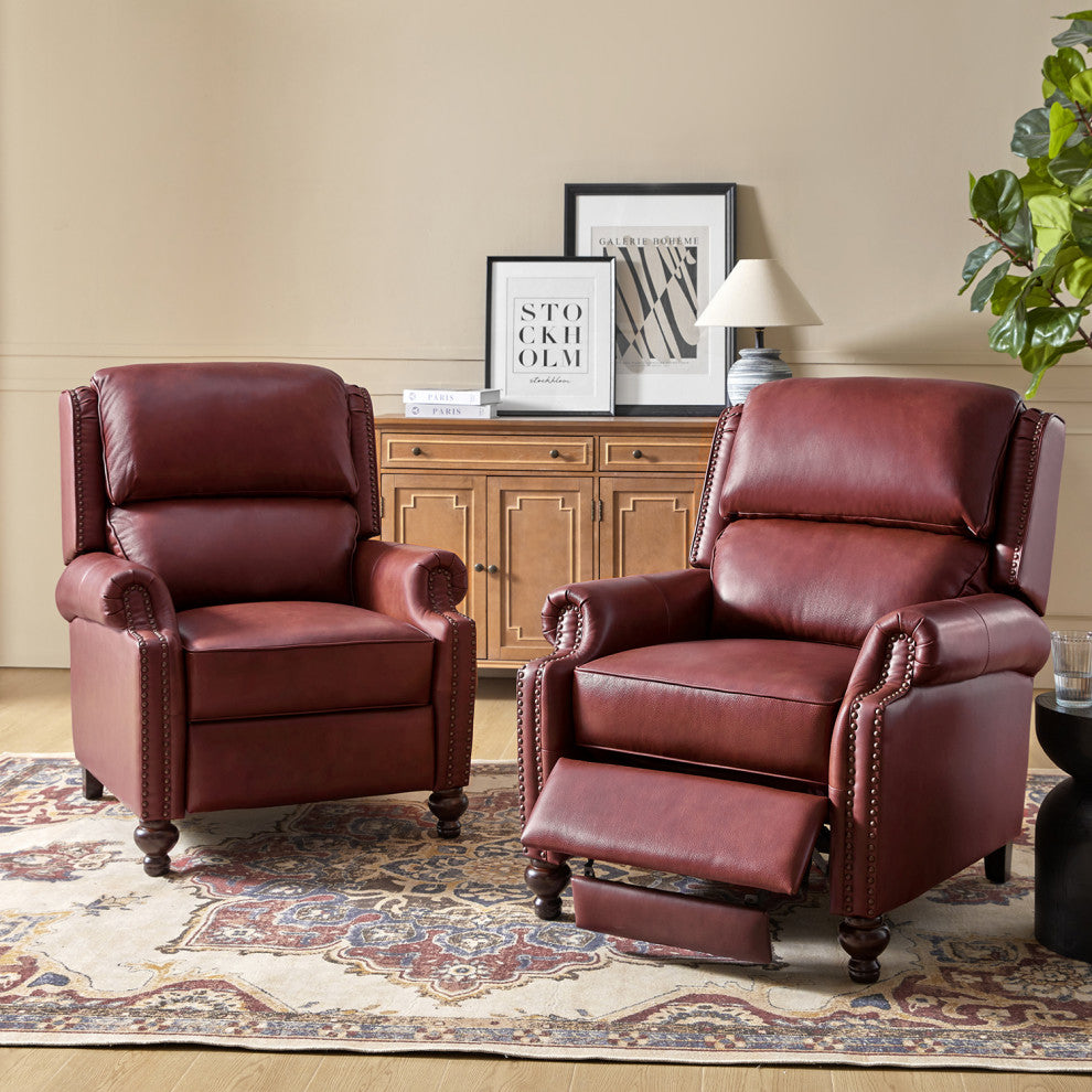 Genuine Leather Cigar Recliner, Home Theater Seating, Set of 2, Burgundy