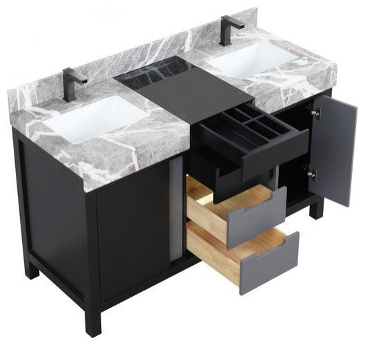 Zilara 55" Black and Grey Double Vanity, Balzani Gun Metal Faucet Set