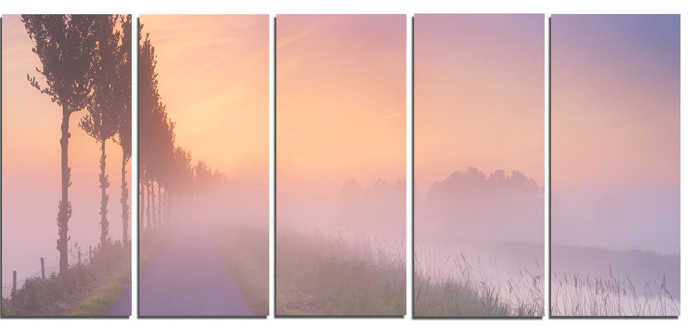 "Foggy Sunrise in The Netherlands" Wall Art Landscape, 5 Panels, 60"x28"