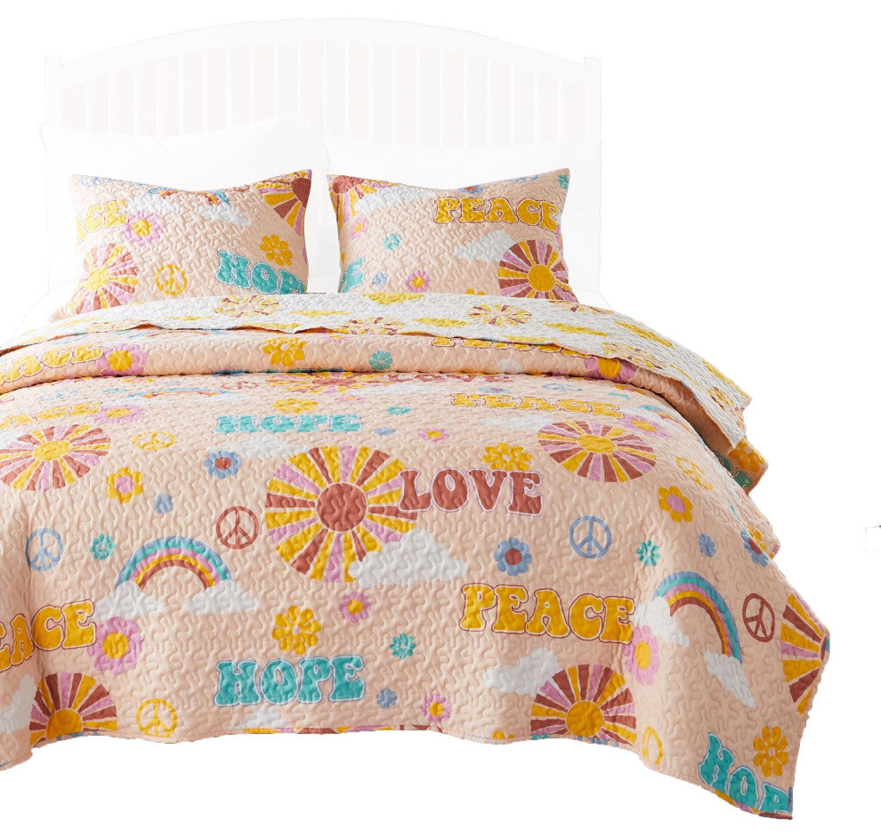 Berlin 2 Piece Microfiber Rainbows and Clouds Print Twin Quilt Set, Beige