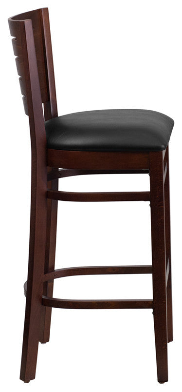 Darby Series Slat Back Walnut Wood Restaurant Barstool, Black Vinyl Seat