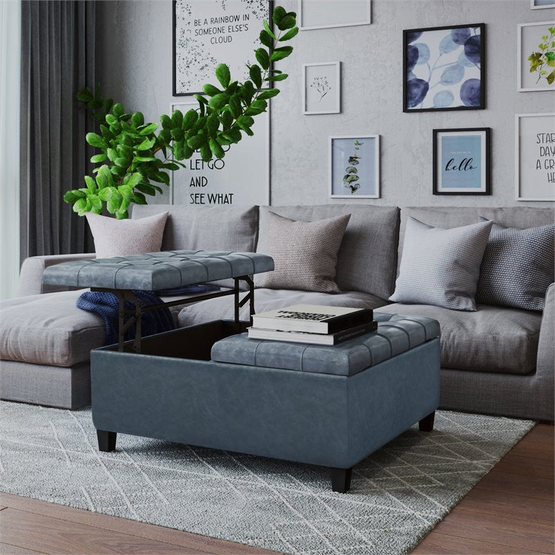 Simpli Home Harrison 36" Faux Leather Coffee Table Storage Ottoman in Denim Blue