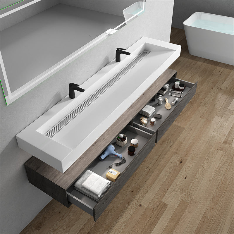 Alysa 84'' Floating Vanity, Acrylic Sink, Double Faucet Hole, Smoke Oak