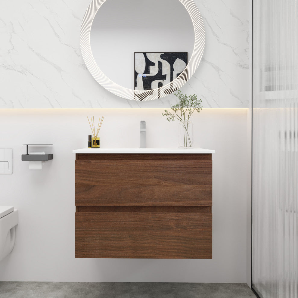 Wall-Mounted Plywood Bathroom Vanity Set in Light Oak with Integrated Gel Sink, Brown Oak, 30" X 18" X 20"
