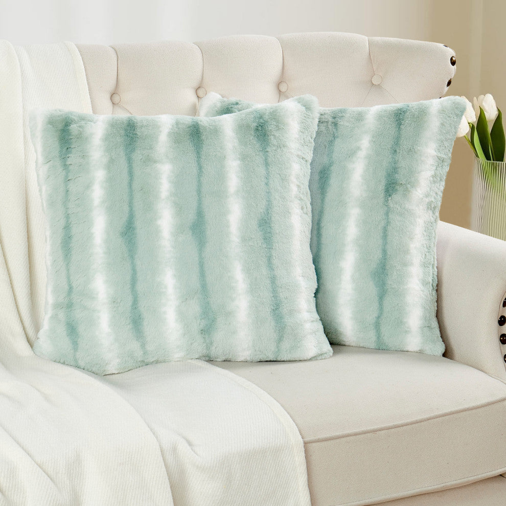Amanda Stripe Faux Fur 2 Piece Pillow Shell Sets, Misty Blue, 20"x20"