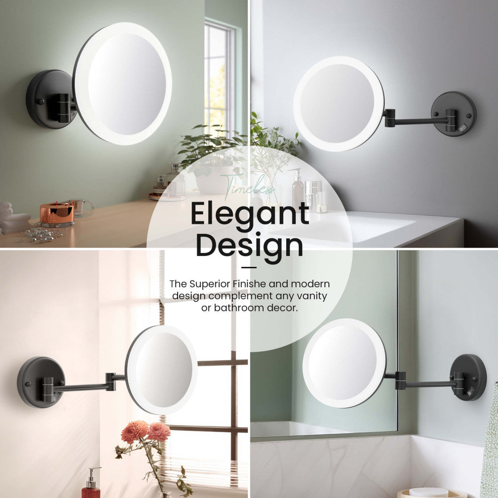 Circular LED Wall Mount One Side 5x Magnifying Make Up Mirror, Matte Black