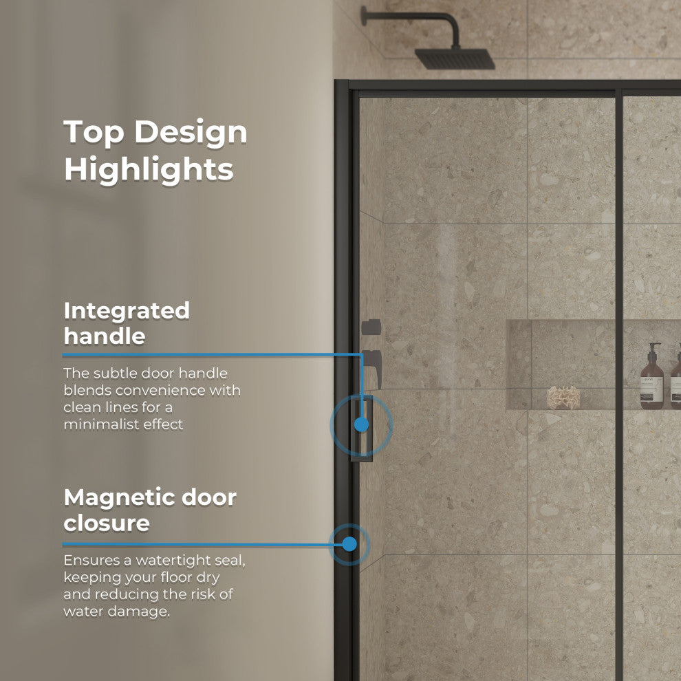 Stanford Sliding Fluted Alcove Shower Door, Black, Clear Glass, 60"