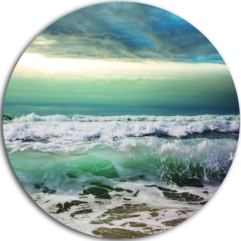 Green Foaming Waves And Blue Sky, Seashore Round Wall Art, 11"