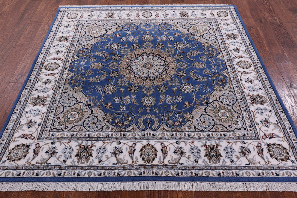 6' Square Wool and Silk Persian Nain Hand Knotted Rug Q11655