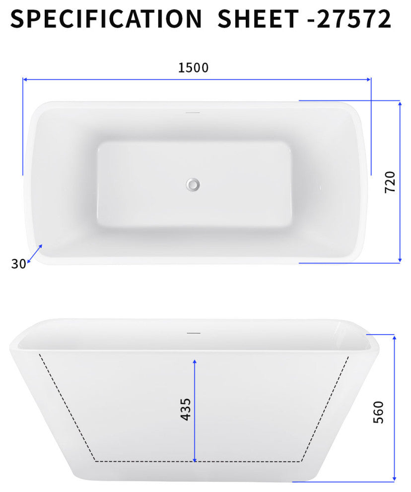 59" Acrylic Roll-Top Flatbottom Non-Whirlpool Bathtub, White