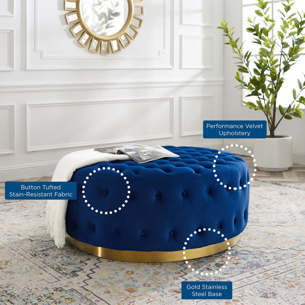 Tufted Accent Chair Ottoman, Round, Velvet, Blue Navy, Modern, Lounge