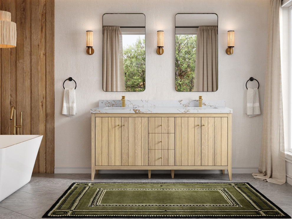 Atlanta Oak 72" Double Sink Bath Vanity, White 2" Viola Gold