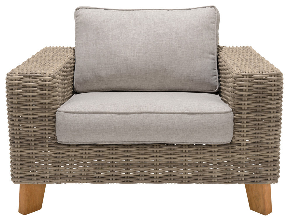 Bahamas Outdoor Wicker and Teak Wood Lounge Chair With Beige Olefin
