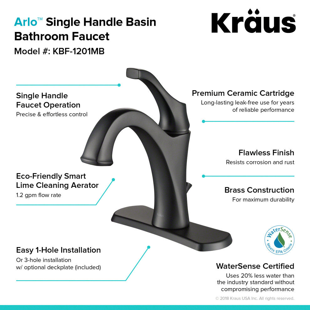Kraus Arlo Single Handle Basin Faucet, Lift Rod Drain, Matte Black, Set of 2