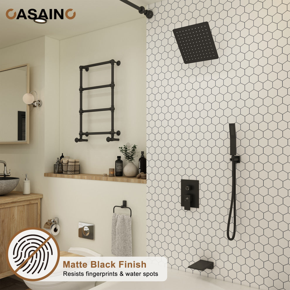 10inch Wall Mounted Shower System with Handheld Shower and Tub Spout, Matte Black