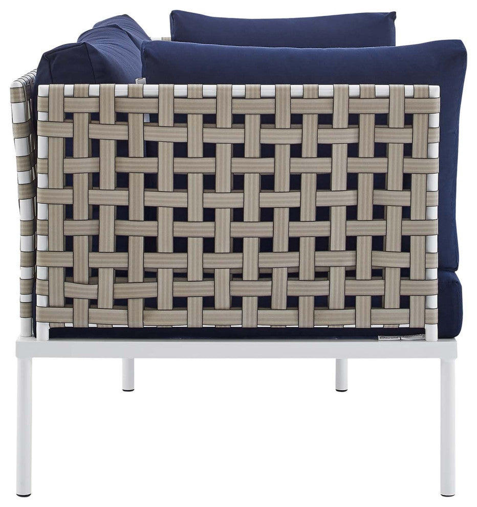Harmony Sunbrella Basket Weave Outdoor Patio Aluminum Loveseat, Tan Navy