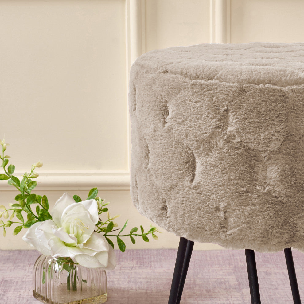 Jacquard Solid Faux Fur Round Ottoman, 18" x 18" x 18", Taupe