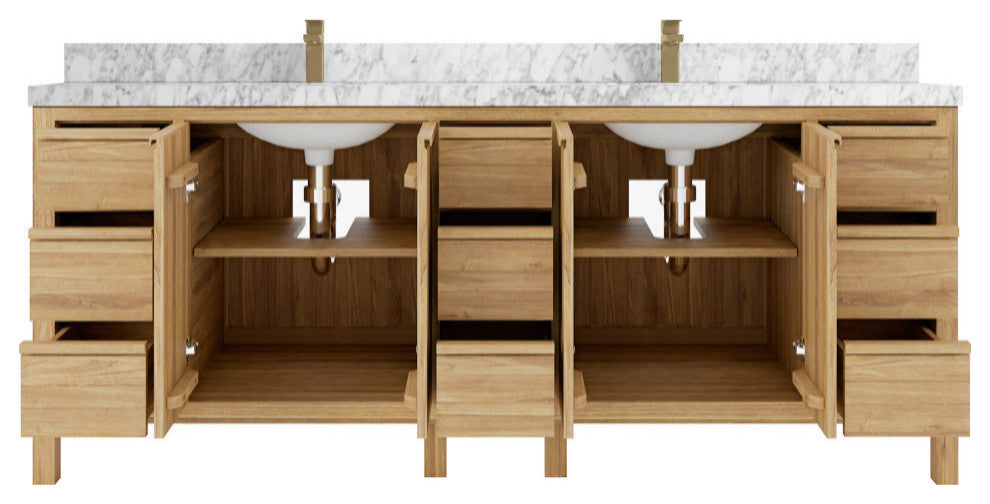 Elizabeth 84 Double Sink Bath Vanity in Light Natural Teak 2" Carrara Marble