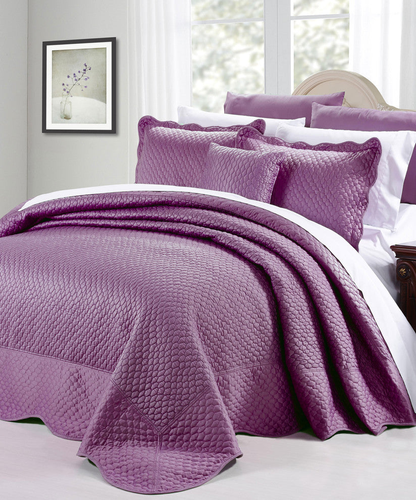 Matte Satin Quilted 4 Piece Bedspread Set, Purple, Queen