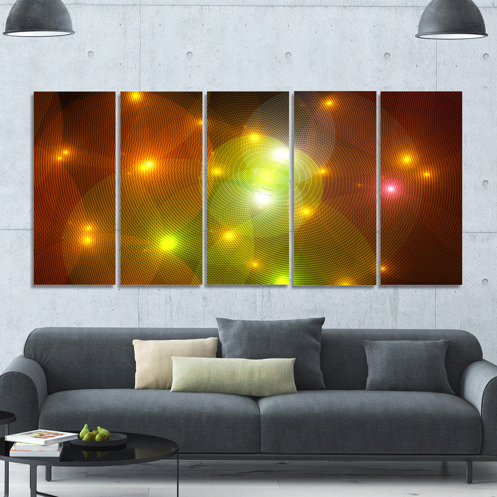 Golden Fractal Lights in Fog, Abstract Wall Art Canvas, 60"x28", 5 Panels