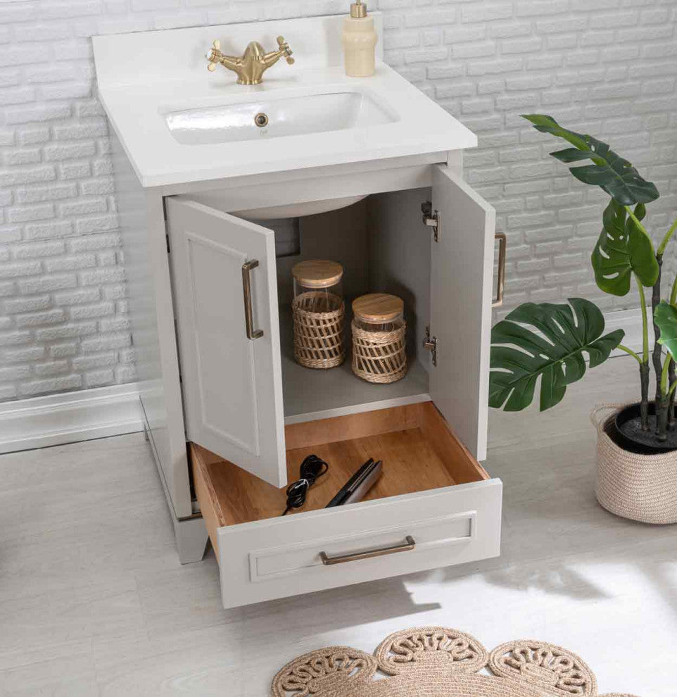 Albia Collection 24" Bathroom Vanity With Quartz Countertop and Ceramic Sink, Gray