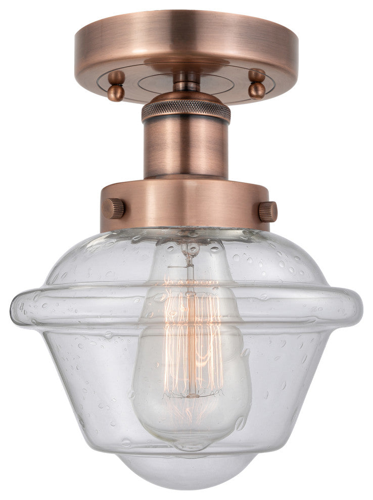 Oxford-1 Light 7" Semi-Flush Mount-Antique Copper, Seedy Glass Shade