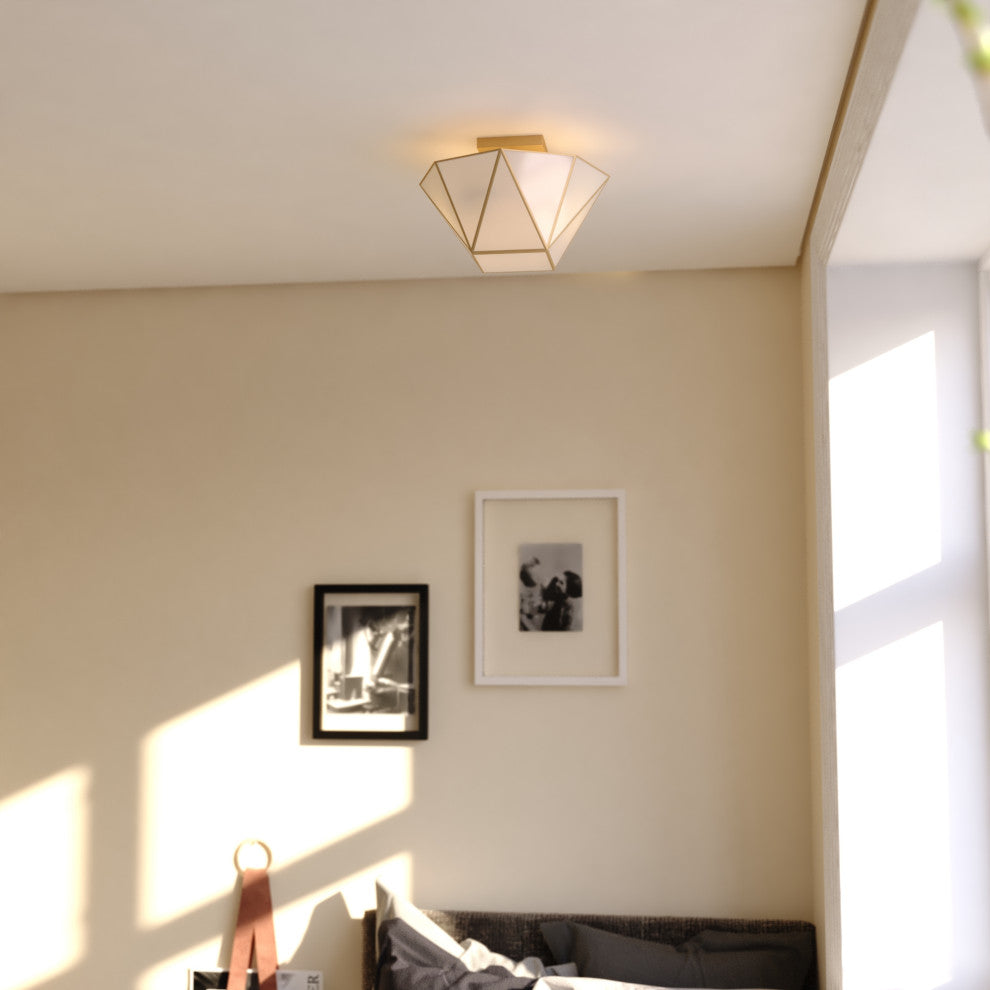Burnett 2-Light Matte Black Mid-Century Modern Semi Flush Mount Ceiling Fixture, Muted Brass
